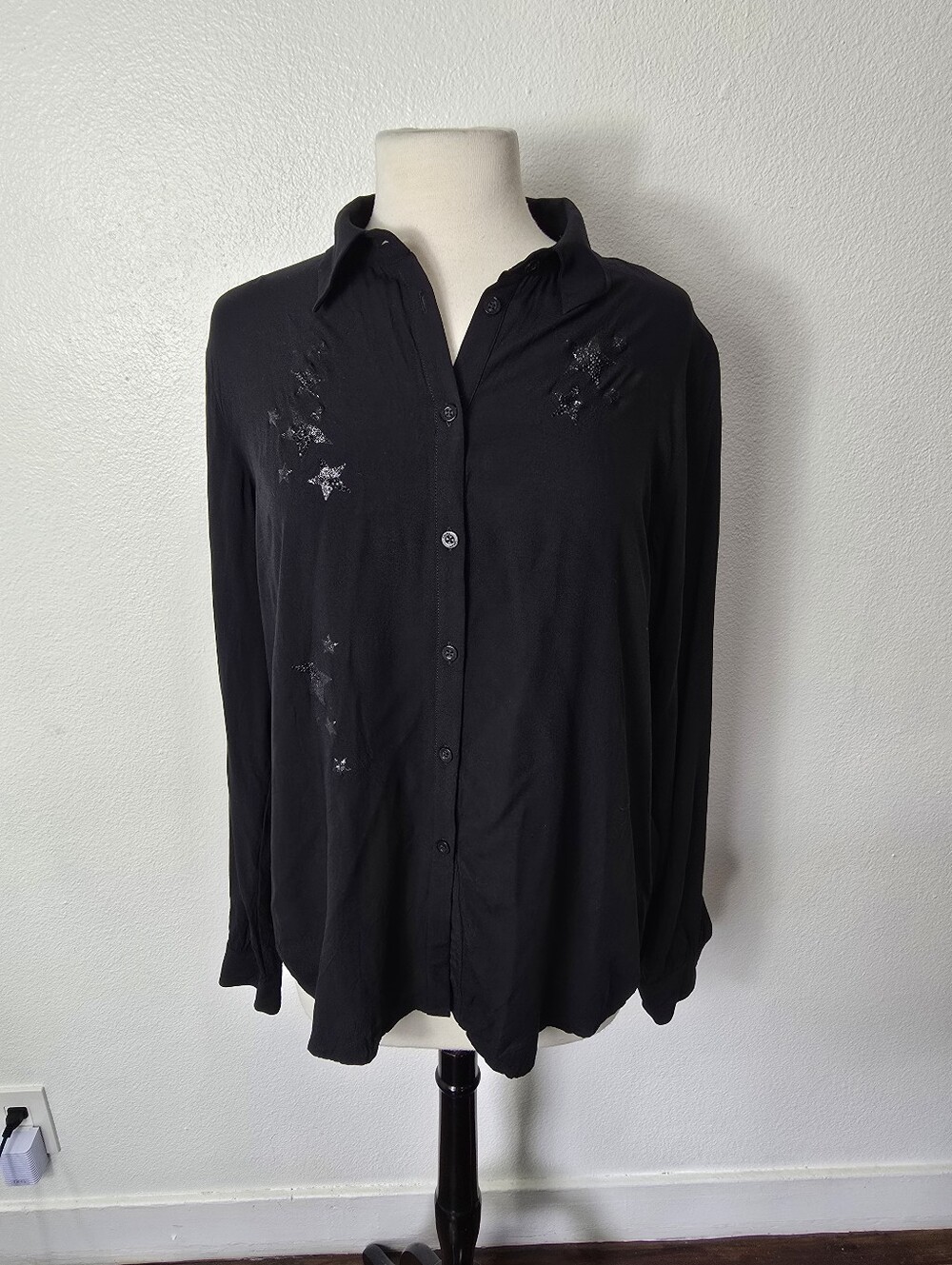 Liu Jo Black Button-Down Long Sleeve Shirt with Star Embellishments